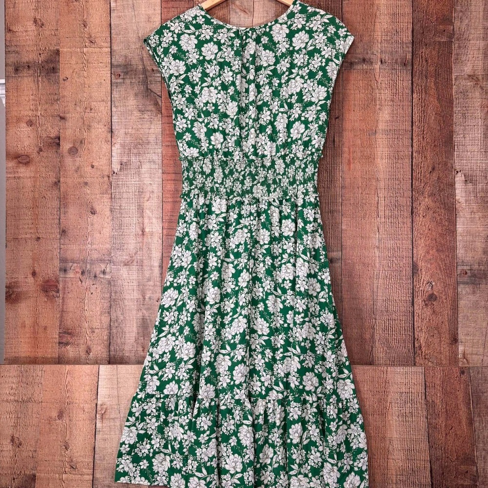 Sienna Sky Green White Floral Smocked Waist Midi Dress Medium Boho Flowy Summer - Picture 6 of 7